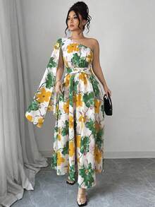Elenzga Đầm maxi cỡ lớn không tay, dáng bất đối xứng, thắt eo, vạt không đều và họa tiết hoa nhuộm tie-dye, thanh lịch và sang trọng cho kỳ nghỉ xuân/hè. - màu xanh lá - Xem 5