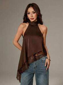 SHEIN PETITE Áo kiểu yếm cổ cao bất đối xứng với viền ren, thích hợp cho tiệc tối, cocktail, trang trọng, thanh lịch, không tay, đi chơi đêm, dự tiệc cưới, mùa hè, thu, kiểu trễ vai. - màu nâu - Xem 3