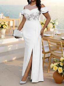 Fleurora 大码女式花卉亮片撞色网纱露肩优雅连衣裙 - 白色 - 查看 7