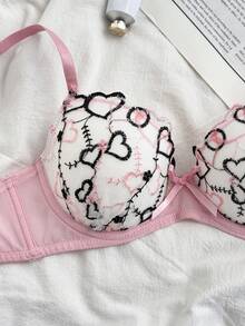Women's Heart Embroidery Mesh Patchwork Bra - Pink - View 4