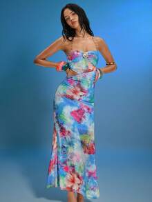 TypaGal Blue Floral Summer Boho Tropical Beach Vacation Holiday Women's Maxi Dress,Botanical Print,Shell Chain Halter Neck,Open Back Cutout Party Dress - Multicolor - View 7