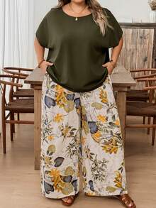 SHEIN CURVE+ 2-Piece Set Of Plus Size Women's Casual Printed Shirt And Pants, Versatile For Spring And Summer, Suitable For Going Out - Multicolor - View 5