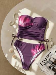 Sweetra 2pcs/Set Women's Floral Print Spaghetti Strap Bikini Top And Bottoms Purple Bathing Suit Women Strapless Tankini Swimwear Tube Top Swim Suit Bandeau Swim Suit Purple Bikini Set Beach Outfits, Beach Date Outfits, Music Festival Outfits, Party Outfits, Beach Party Outfits, Fashionable, Sexy, And Elegant Style - Multicolor - View 1