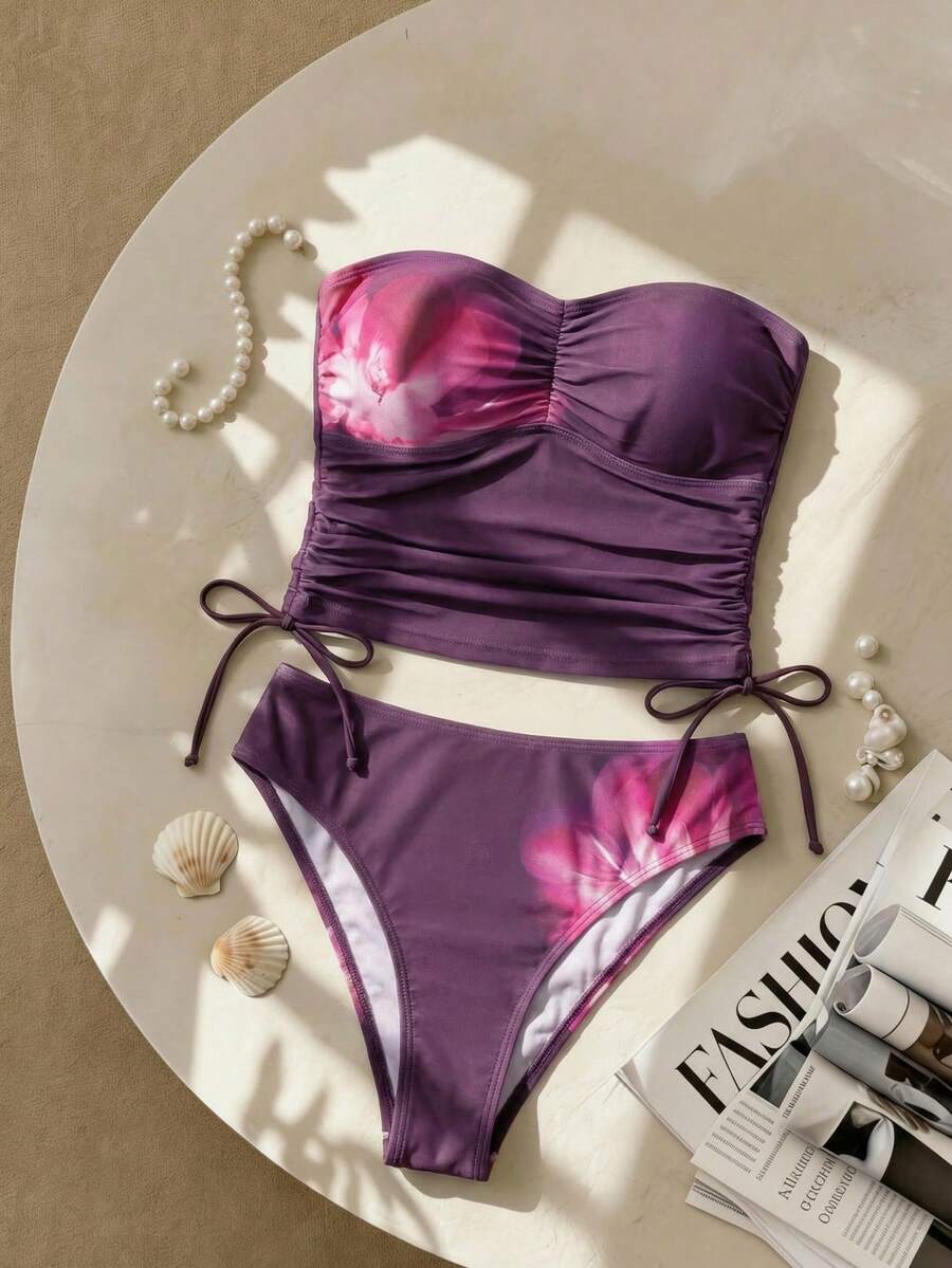 Sweetra 2pcs/Set Women's Floral Print Spaghetti Strap Bikini Top And Bottoms Purple Bathing Suit Women Strapless Tankini Swimwear Tube Top Swim Suit Bandeau Swim Suit Purple Bikini Set Beach Outfits, Beach Date Outfits, Music Festival Outfits, Party Outfits, Beach Party Outfits, Fashionable, Sexy, And Elegant Style - Multicolor - View 1