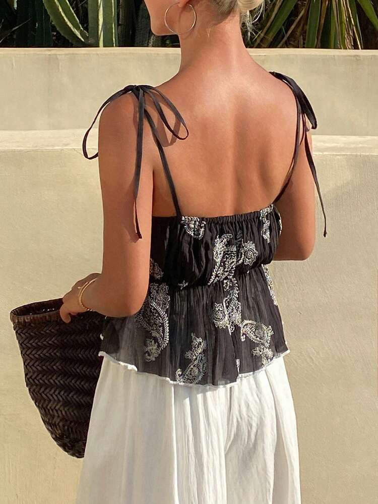 Embroidered Pattern Tie-Waist Casual Vacation Summer Camisole Top & Women Vest Jacket