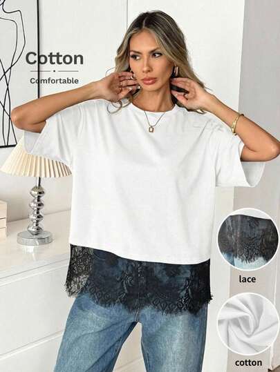 SHEIN PETITE CURVE Plus Size Women's Solid Color Minimalist Round Neck T-Shirt