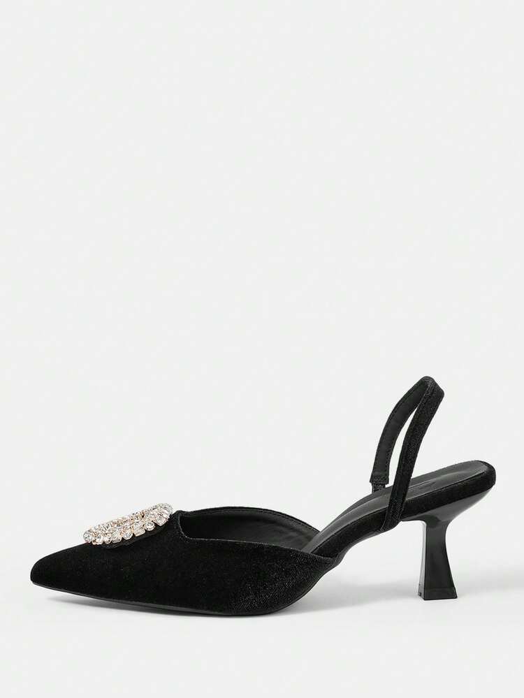 CUCCOO HITCHD Spring And Summer New Three-Dimensional Heart-Shaped Diamond Buckle Design Pointed Wine Glass Heel Romantic Elegance Temperament Simple Sexy Black Velvet Women's Middle Heel Shoes Exposed Heels Dress Shoes Dating Afternoon Tea Party Valentine's Day Elegant Wear