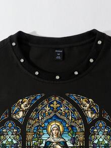 ROMWE MEN Street Life Rhinestone Print Loose Short Style T-Shirt For Men - Black - View 2