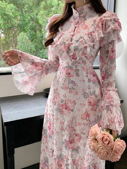 DAZY 女士花卉蕾丝荷叶边立领喇叭袖中长连衣裙/太阳裙