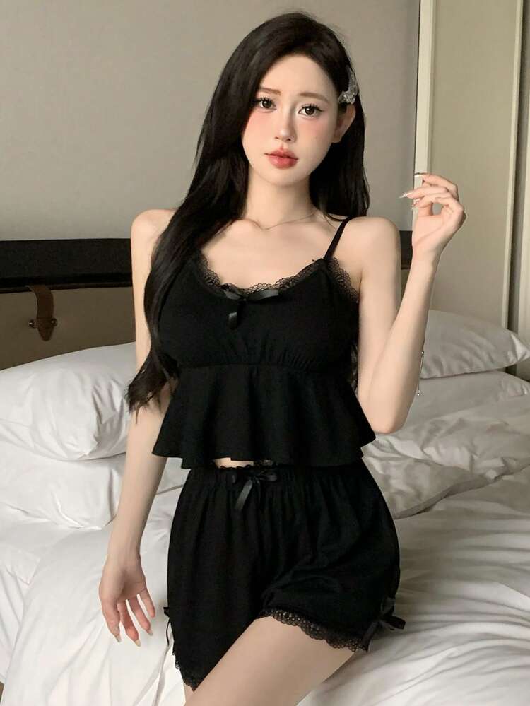 Lace Trimmed Bowknot Decorated Ruffle Hem Cami Top & Shorts Pajama Set