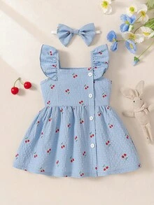 SHEIN 2件套女婴/幼儿夏季无袖水彩印花连衣裙和发带套装 - 淺藍色 - 查看 3