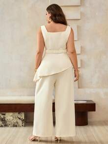 Roveilla Plus Size Women's Elegant Wedding White Summer 2 Pieces Set,Solid Asymmetric Hem Peplum Camisole&Wide Leg Pants,French Vintage Formal Office Outfit - Apricot - View 2
