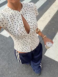 Muchica 杏色波点梭织女式蝙蝠袖衬衫 - 杏色 - 查看 5