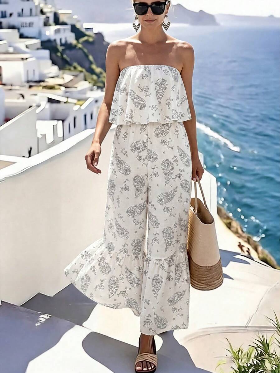 SHEIN Holidaya Women's Casual Vacation Romantic Paisley Floral Strapless Ruffle Wide Leg Jumpsuit, Spring/Summer - Apricot - View 1