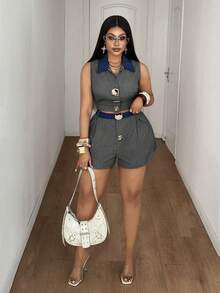 Maweii Plus Size Summer Casual Commuting Contrast Color Collar Sleeveless Top And Shorts 2 Pieces Set - Grey - View 5