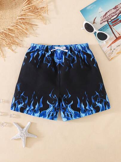 Tween Boys' Casual Loose Printed Beach Pants, Suitable For Summer, Beach, Outdoor, Swimming
