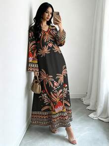 SHEIN Najma Đầm đen in họa tiết cây nhiệt đới, cổ chữ V, tay dài, kiểu dáng thanh lịch, phong cách Bohemian dành cho nữ, trang phục Ả Rập, mùa xuân/hè. - Nhiều màu - Xem 4