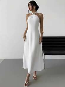 Vestido largo suelto sin mangas y sin espalda, elegante para vacaciones y fiestas, romántico y de moda para el verano, la playa - Blanco - Ver 3
