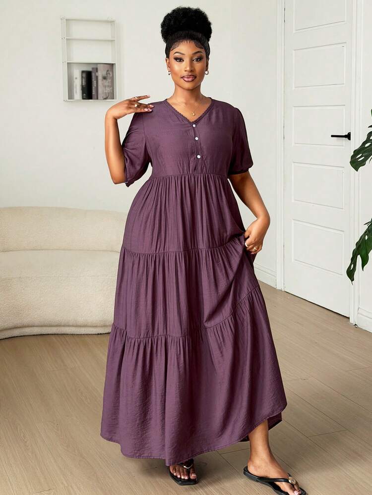 Dazy Plus Plus Size Women's Half-Zip Petal Sleeve Long Nightgown Dress, Elegant Purple, Spring/Summer
