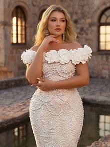 Glamrae Plus Size Elegant Off-Shoulder 3D Floral Luxury Sequins Embellished Fitted Mermaid Hem Dress, Suitable For Evening Party Boda, Date, Prom, Wedding, Bridal Gown (Heavily Embellished) Wedding White Summer - White - View 5