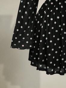 SHEIN ICON 大码女式波点网纱单肩长袖迷你连衣裙，Y2K风格，适合秋季、约会和性感穿着；也是女士春季连衣裙，优雅的女式连衣裙。 - 黑色 - 查看 8