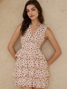 BELROSIE Red And White Summer Cottage Core Romantic Date Night Vacation Polka Dot Floral Print Chiffon Deep V-Neck Sleeveless High Waist Ruffle Hem Cake Dress - Multicolor - View 5