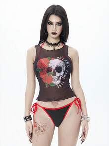 ROMWE Goth 女士休闲度假沙滩派对优雅骷髅印花比基尼罩衫三件套泳装，新款夏季狂欢内衣哥特式比基尼朋克比基尼角色扮演服装，女士上衣哥特骷髅上衣海盗上衣女士骷髅泳衣海盗泳装哥特泳衣女士骷髅比基尼尊巴上衣女士骷髅服装 - 彩色 - 查看 4