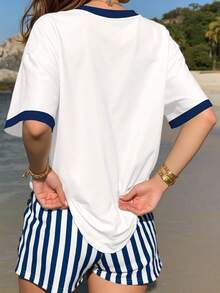 EMERY ROSE Plus Size Women's 2-Piece Set, Striped Shorts, White Women's T-Shirt, Blue Simple Bow Pattern - Multicolor - View 2