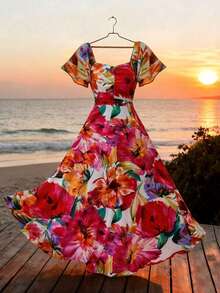 SHEIN Raffinéa Vestido elegante con cuello de corazón, mangas con volantes y estampado floral para mujer - Rojo - Ver 1