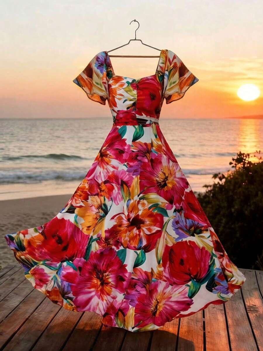 SHEIN Raffinéa Vestido elegante con cuello de corazón, mangas con volantes y estampado floral para mujer - Rojo - Ver 1