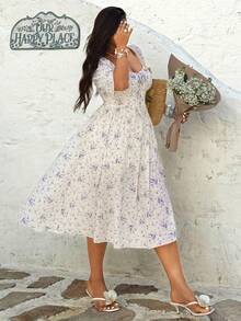 Sunnyshic Plus Size Romantic Boho Ditsy Floral Elastic Waist Fitted Short Sleeve Maxi Dress, Spring/Summer Tea Party White - White - View 3