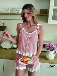 Snug Reverie Ruffle Strap Shorts Pajama Set Sleeping Dusty Pink Summer Cute - Coral Pink - View 6
