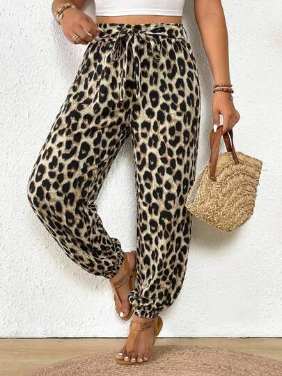 SHEIN Frenchy Quần ống rộng dáng suông họa tiết da báo cổ điển dành cho nữ, cỡ lớn, thích hợp cho mùa xuân/hè, kỳ nghỉ, lễ hội âm nhạc.