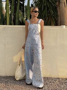 Livesso Bộ jumpsuit denim ôm dáng họa tiết hoa nhí màu xanh dương, thích hợp cho trang phục đi nghỉ mát mùa xuân và hè. - Màu xanh lam - Xem 3