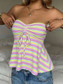 CovetEZ 女士撞色条纹印花衬衫，适合夏季、户外活动、街头风、机场休闲、时尚装扮、海滩度假、音乐节等场合。 - 彩色 - 查看 6