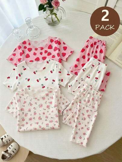 【随机3套，寄送1套】女婴睡衣，甜樱桃、草莓、小碎花组合，荷叶边圆领短袖上衣和长裤两件套家居服，春夏款