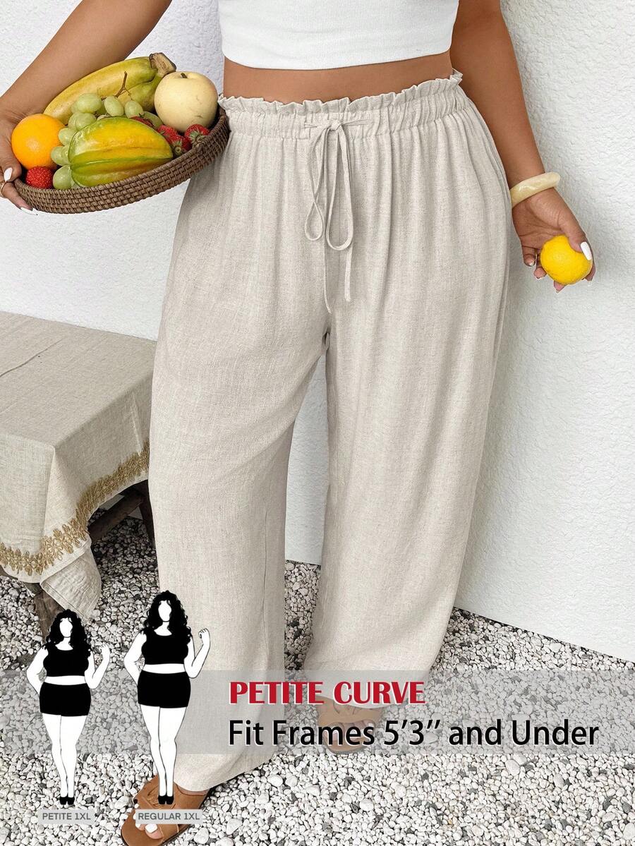SHEIN PETITE CURVE Quần dài thời trang thường ngày cỡ lớn dành cho nữ, kiểu dáng thoải mái khi đi nghỉ mát, quần mùa hè. - Màu be - Xem 1