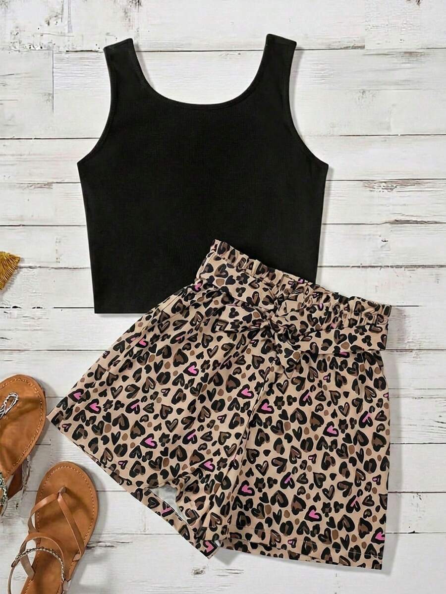 少女黑色极简吊带背心和豹纹系带短裤两件套 - 黑色 - 查看 1