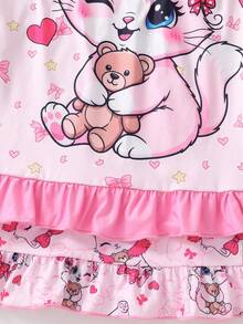 2-Piece Girls Toddler Round Neck Short Sleeve Nightgowns,Cute Rabbit And Bear Print Soft Knit Sleepwear,Fairy,Family Matching,Holiday,Pink Ruffle Hem - Baby Pink - View 5