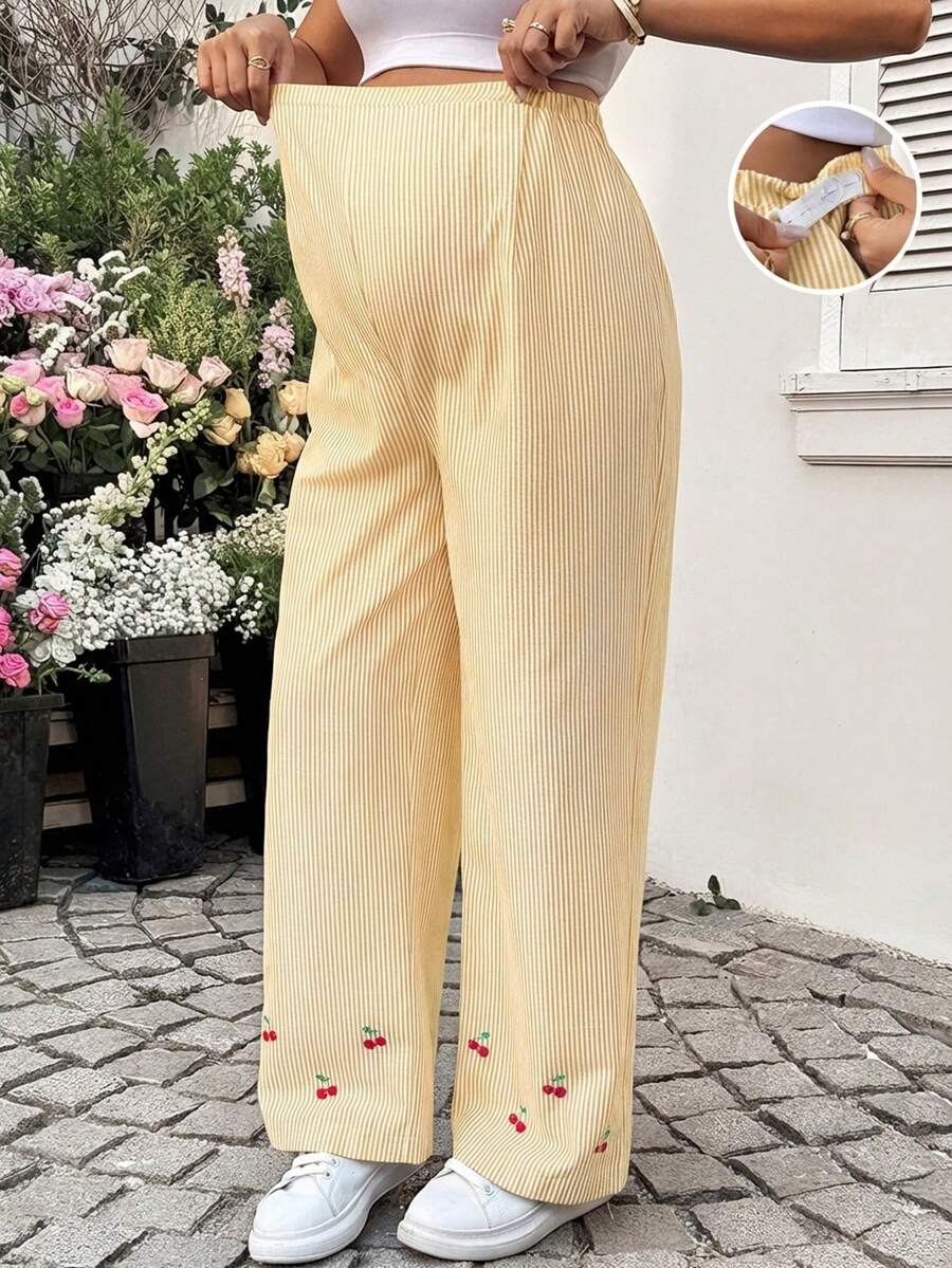 SHEIN 孕妇时尚度假樱桃刺绣可调节腰部宽松口袋裤 - 黃色 - 查看 1