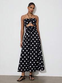 Gossip Girl X SHEIN SHEIN Maija Đầm nữ thời trang in chấm bi đính cườm, cổ yếm buộc dây. - màu đen - Xem 8