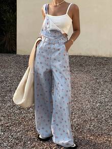 Livesso Bộ jumpsuit denim ôm dáng họa tiết hoa nhí màu xanh dương, thích hợp cho trang phục đi nghỉ mát mùa xuân và hè. - Màu xanh lam - Xem 5