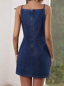 Sunnyshic Đầm denim thắt nút dành cho nữ, thời trang cho các buổi hẹn hò, mặc hàng ngày và đi chơi. - Màu xanh lam - Xem 2