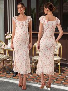 SHEIN Maternity Dress With Ruffle Sleeves,Square Neck,Fishtail Hem,Pink Summer Elegant Flowy Wedding Guest Ninang Floral Print Midi Dress For Baby Shower - Apricot - View 1