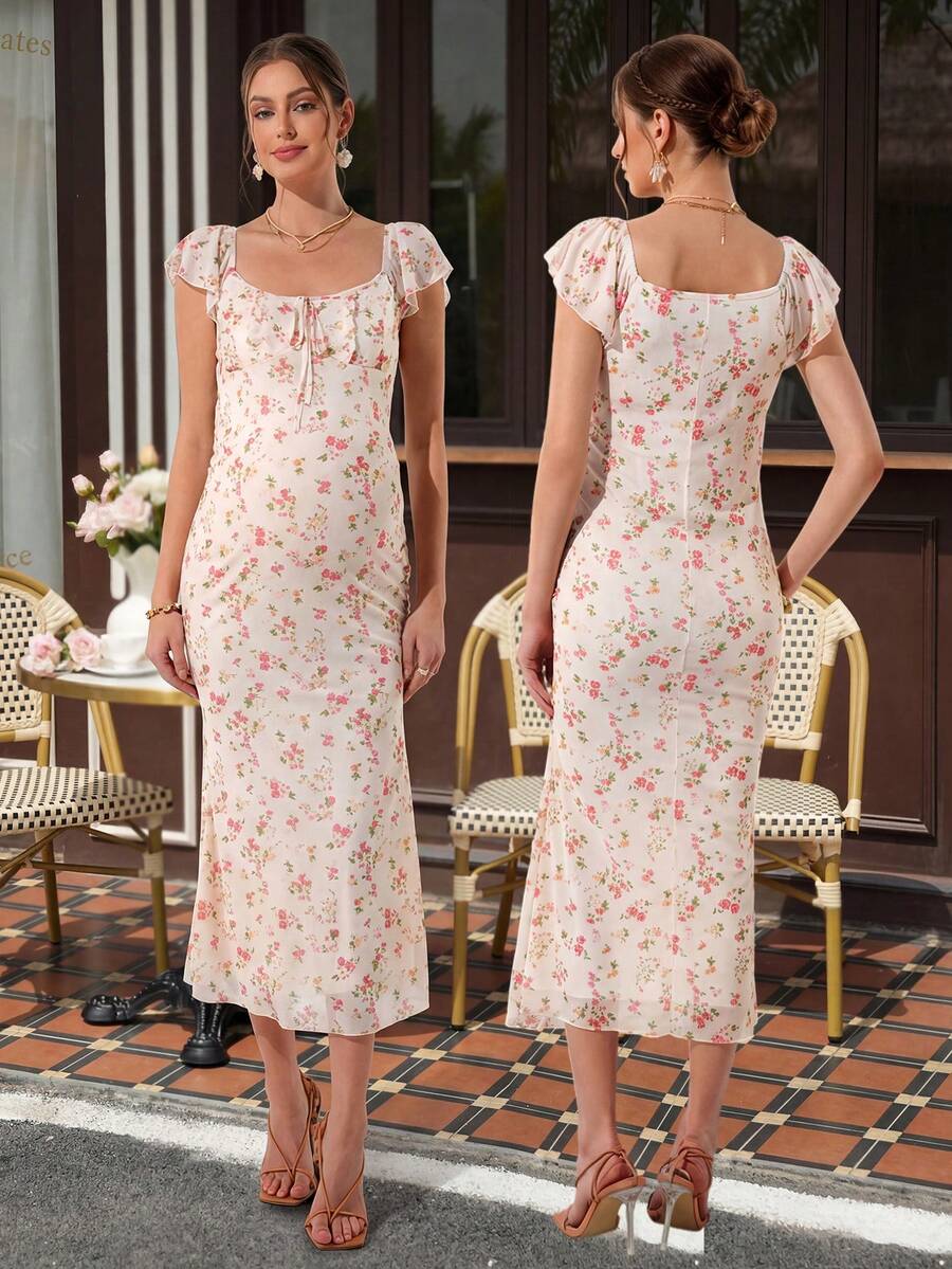 SHEIN Maternity Dress With Ruffle Sleeves,Square Neck,Fishtail Hem,Pink Summer Elegant Flowy Wedding Guest Ninang Floral Print Midi Dress For Baby Shower - Apricot - View 1