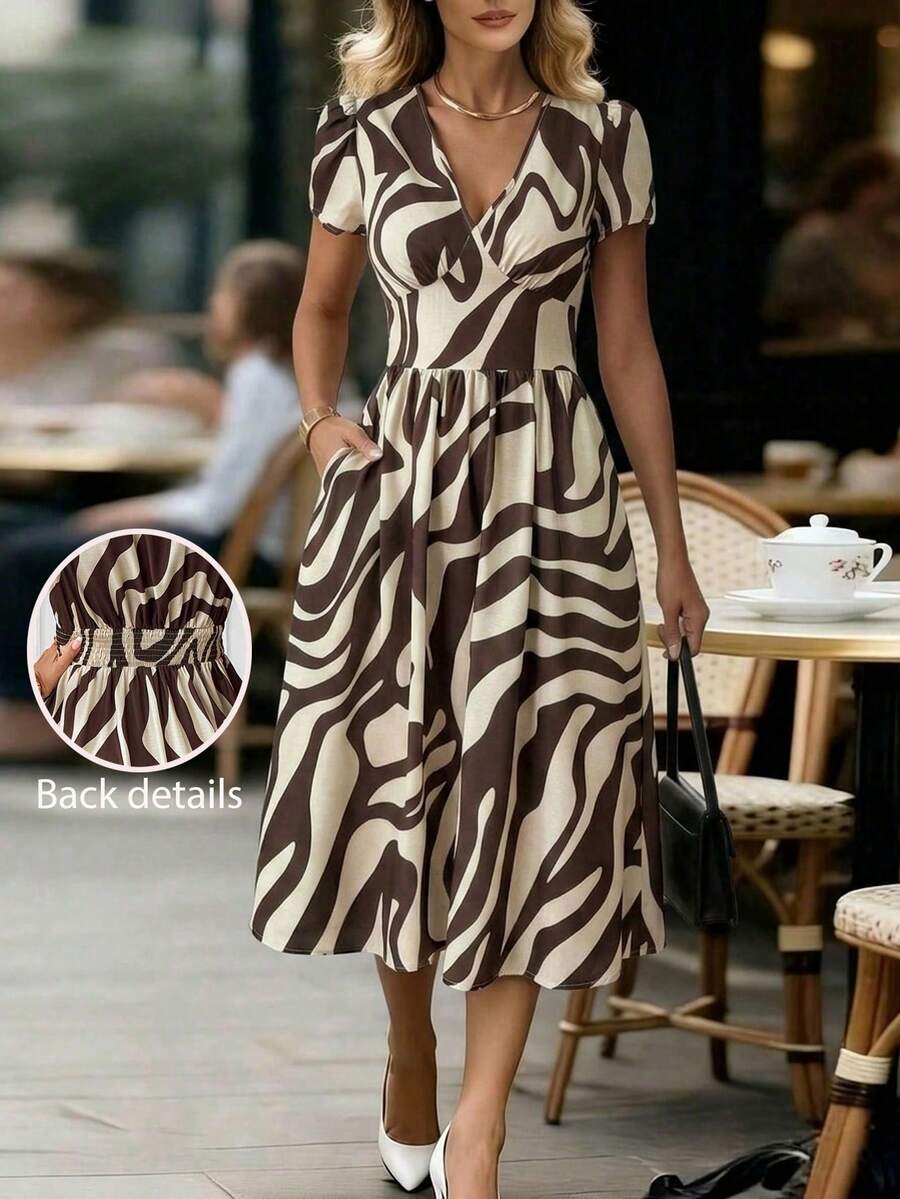 Editum 女士新款优雅V领收腰口袋A字中长连衣裙