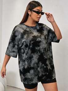 Muchica Plus Size Women's Tie-Dye Pattern Drop Shoulder Comfortable T-Shirt, Suitable For Summer - Dark Grey - View 4