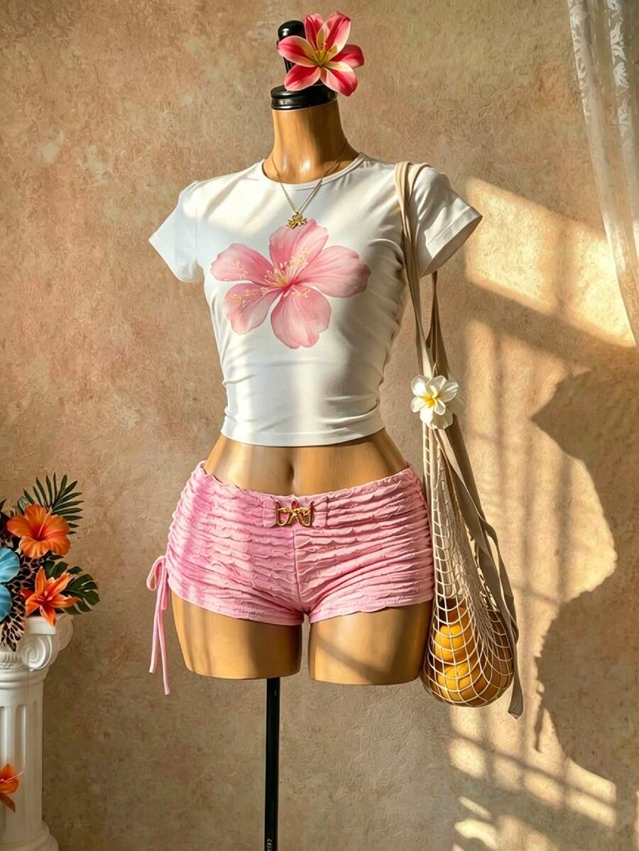 SaltGleam SaltGleam Quần short ôm sát gợi cảm thời trang dành cho nữ, có khóa kim loại trang trí, dây rút ở eo và đường nhún ở hai bên, phù hợp cho kỳ nghỉ và mặc hàng ngày. - Hồng - Xem 1