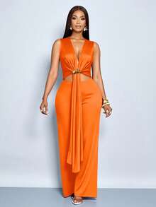 SOLERSUN Women's Elegant Burgundy Sleeveless Deep V-Neck Cutout Waist Metal Decorated Draped Sash Wide Leg Jumpsuit,Elegant Formal Romper For Evening/Party/Date - Orange - View 9