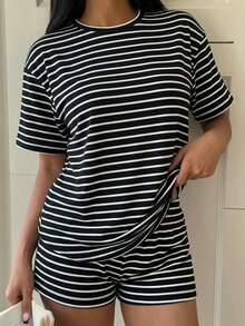SHEIN EZwear 94% Cotton Striped Casual 2 Pieces Set, Black & White Stripes, Summer - Multicolor - View 8